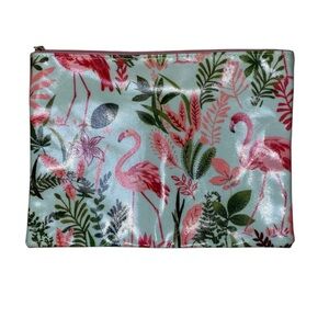 PINK FLAMINGO Vinyl Tropical Cosmetic Bag Light Blue, Pink Green 10” x  7-1/2”
